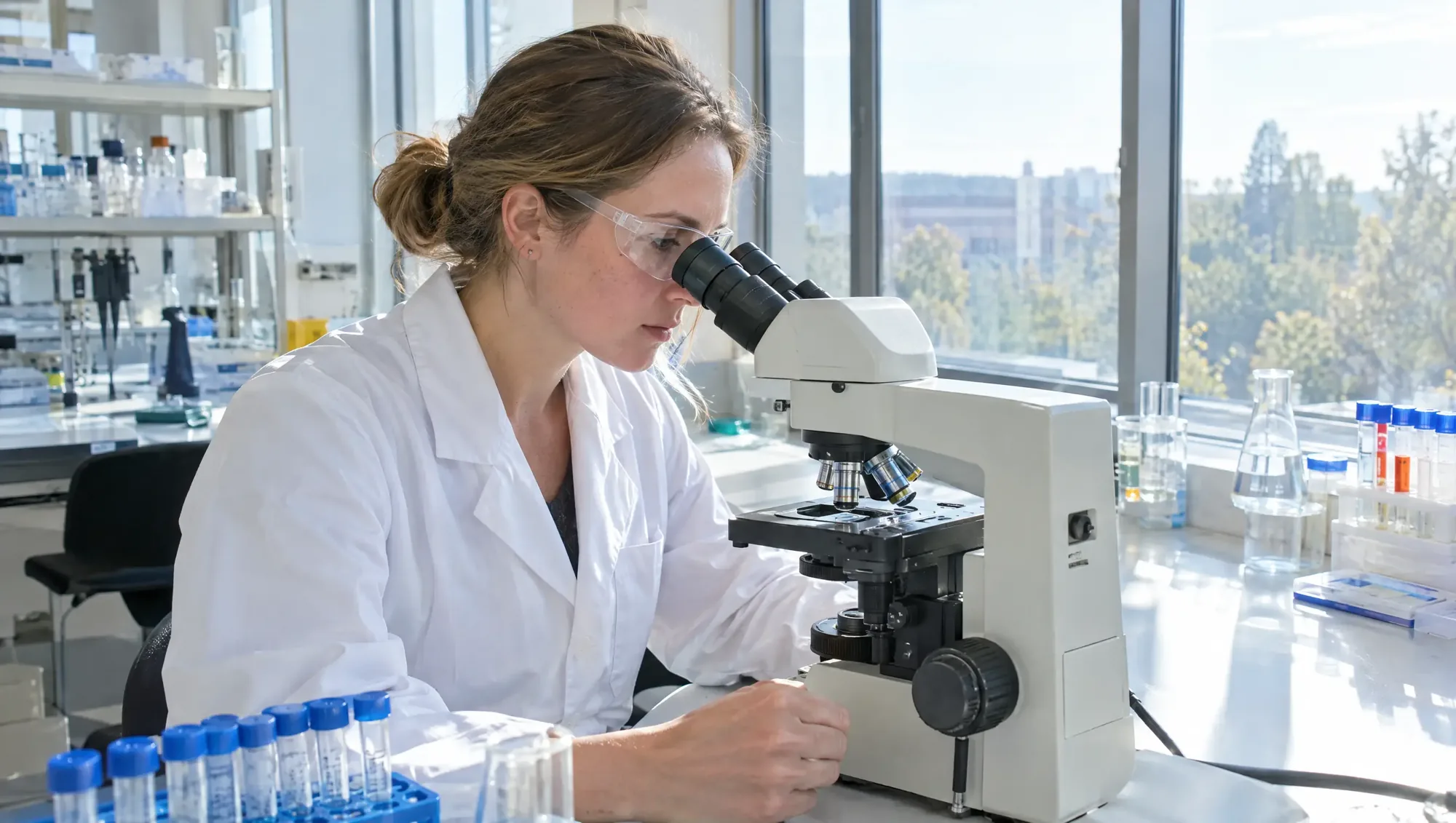 A scientist at a microscope in a sunlit laboratory