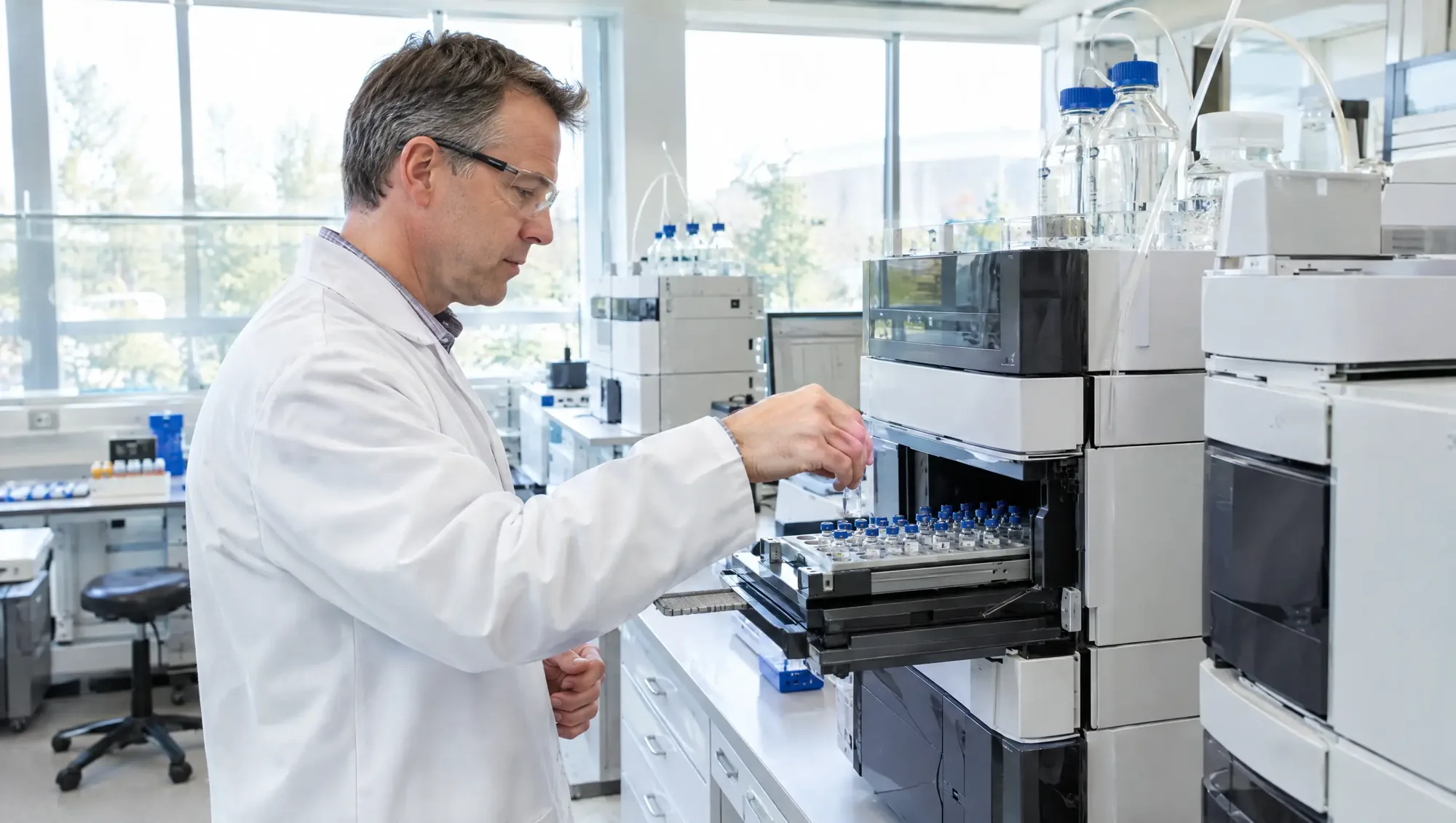 An analyst loading samples into a testing instrument